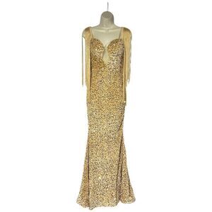 Faeriesty Women’s Gold Sequin Fringe Gown – Glamorous Evening Dress, Size Small